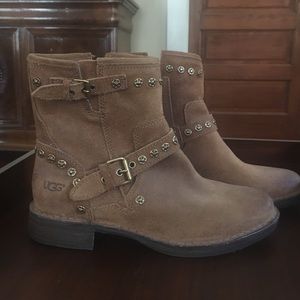UGG Fabrizia gold studded suede Moto boots.